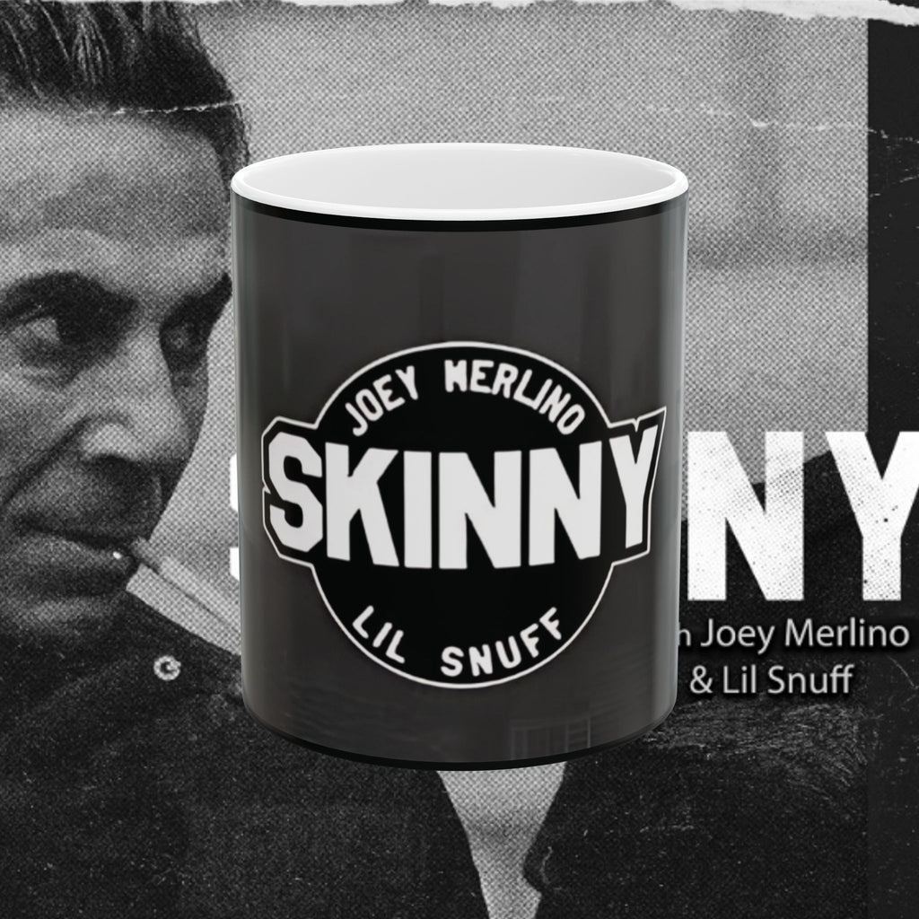 Black mug with 'Joey Merlino Skinny Lil Snuff' text, featuring a black and white portrait of a man.