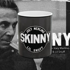 Black mug with 'Joey Merlino Skinny Lil Snuff' text, featuring a black and white portrait of a man.