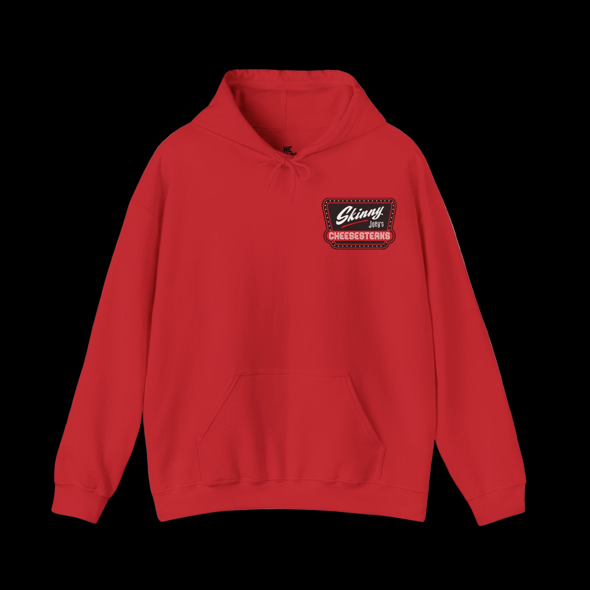 Red hoodie with a logo on the chest against a white background