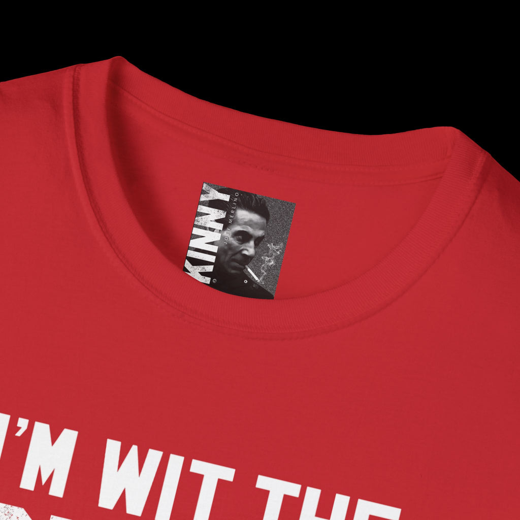 Red t-shirt with a graphic of a man smoking and text on a black background