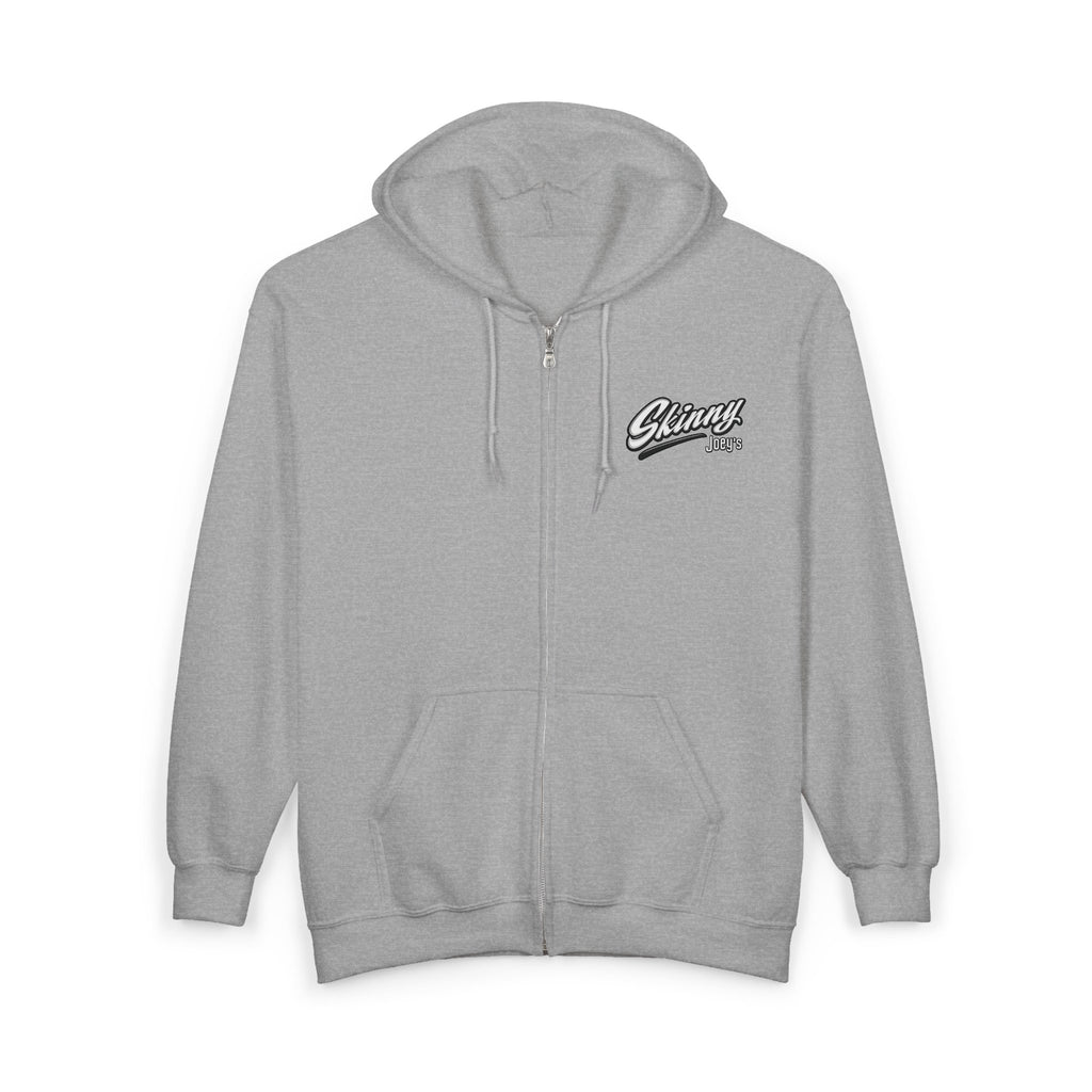 Skinny Joey's Full-Zip Hoodie — Vintage Script Logo Zip-Up Sweatshirt