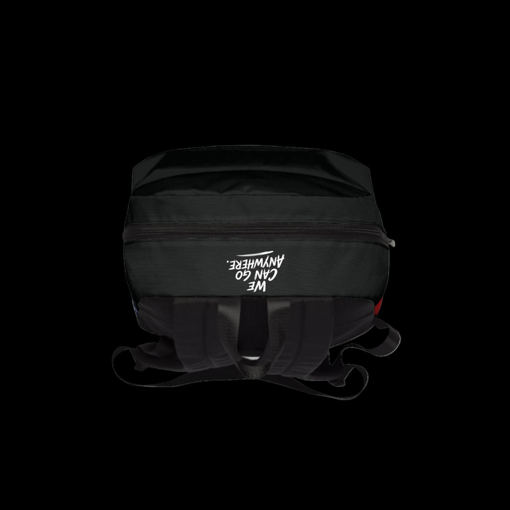 Black backpack with white text and design on a white background