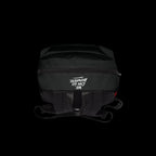Black backpack with white text and design on a white background