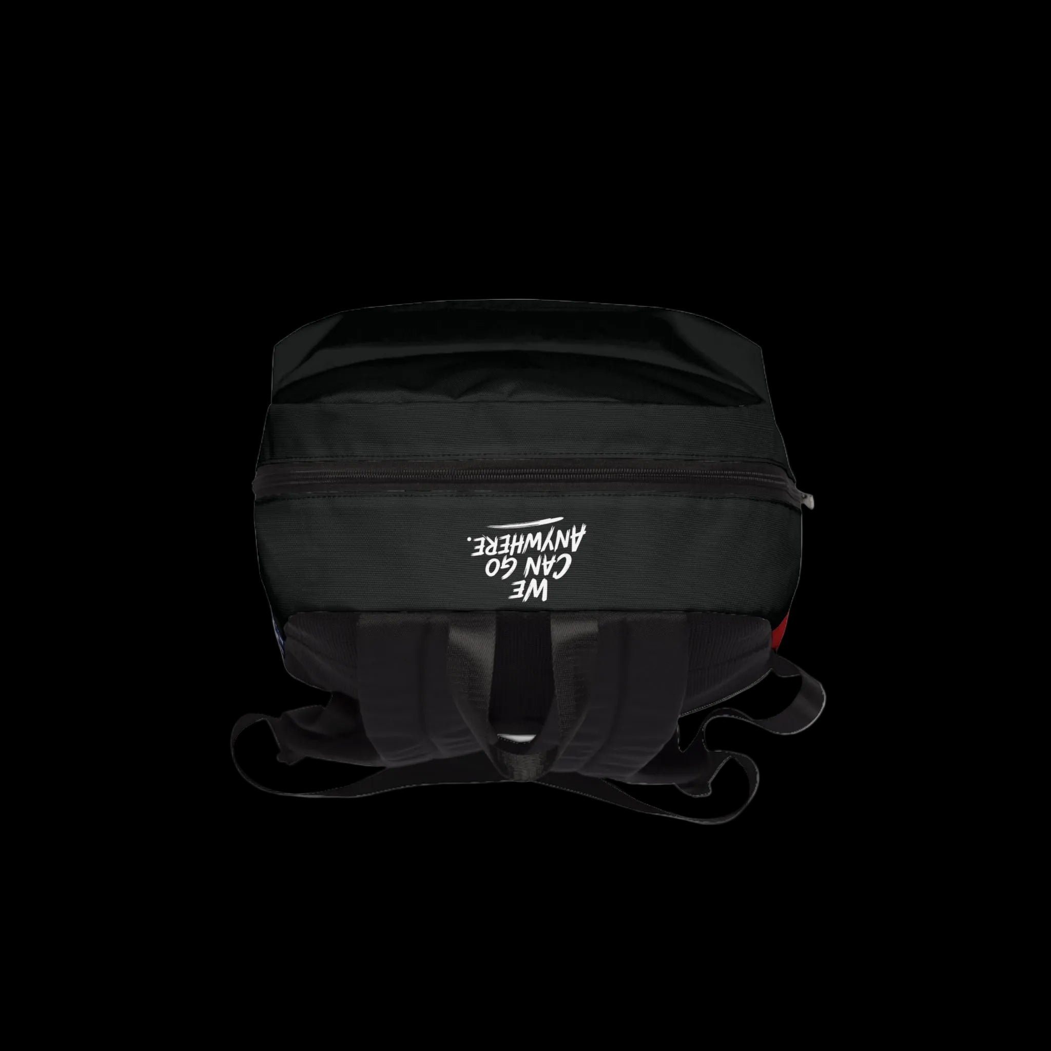 Black backpack with white text and design on a white background