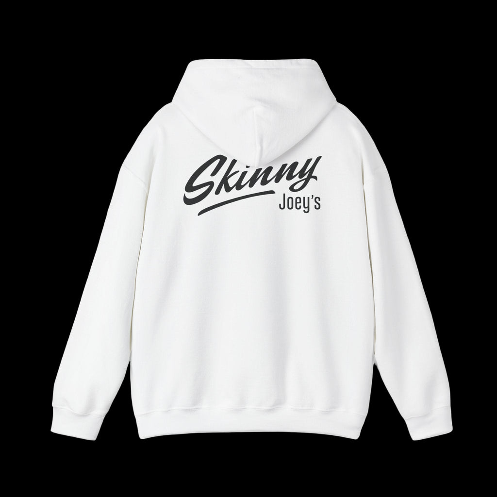 White hoodie with 'Skinny Joey's' text on the back against a white background
