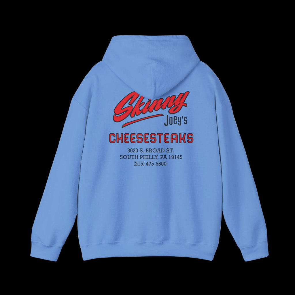 Blue hoodie with 'Skinny Joey's Cheesesteaks' text on the back against a white background