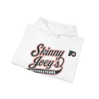 Folded white hoodie with 'Skinny Joey's Cheesesteaks' text and logo on a white background