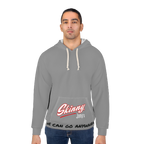 Man wearing a gray hoodie with text on a white background