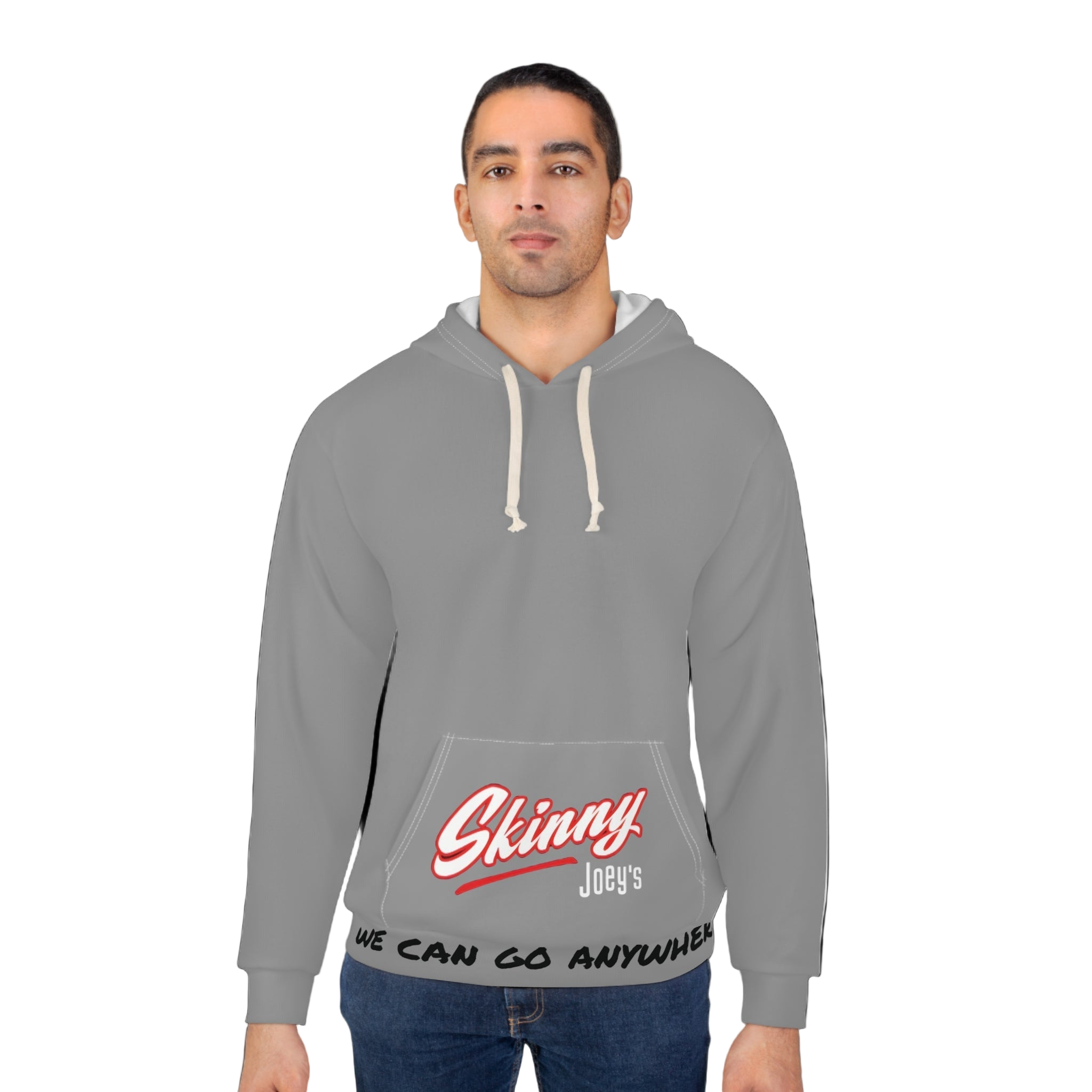 Man wearing a gray hoodie with text on a white background