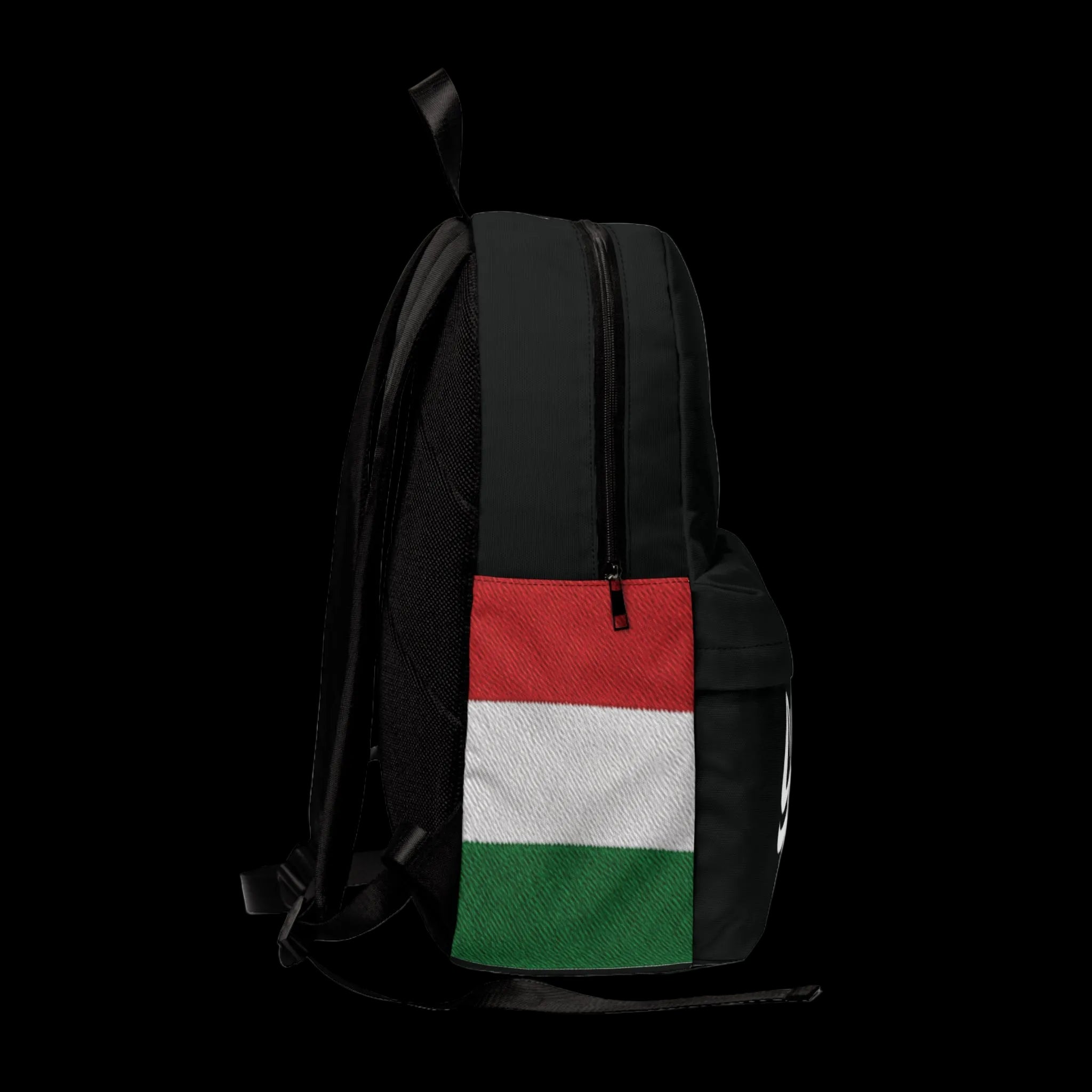 A black backpack featuring a vertical panel on the lower half with the Hungarian flag's red, white, and green horizontal stripes, shown against a plain white background.