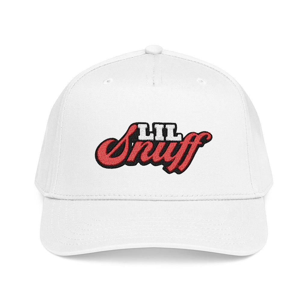White cap with red and black text on a white background