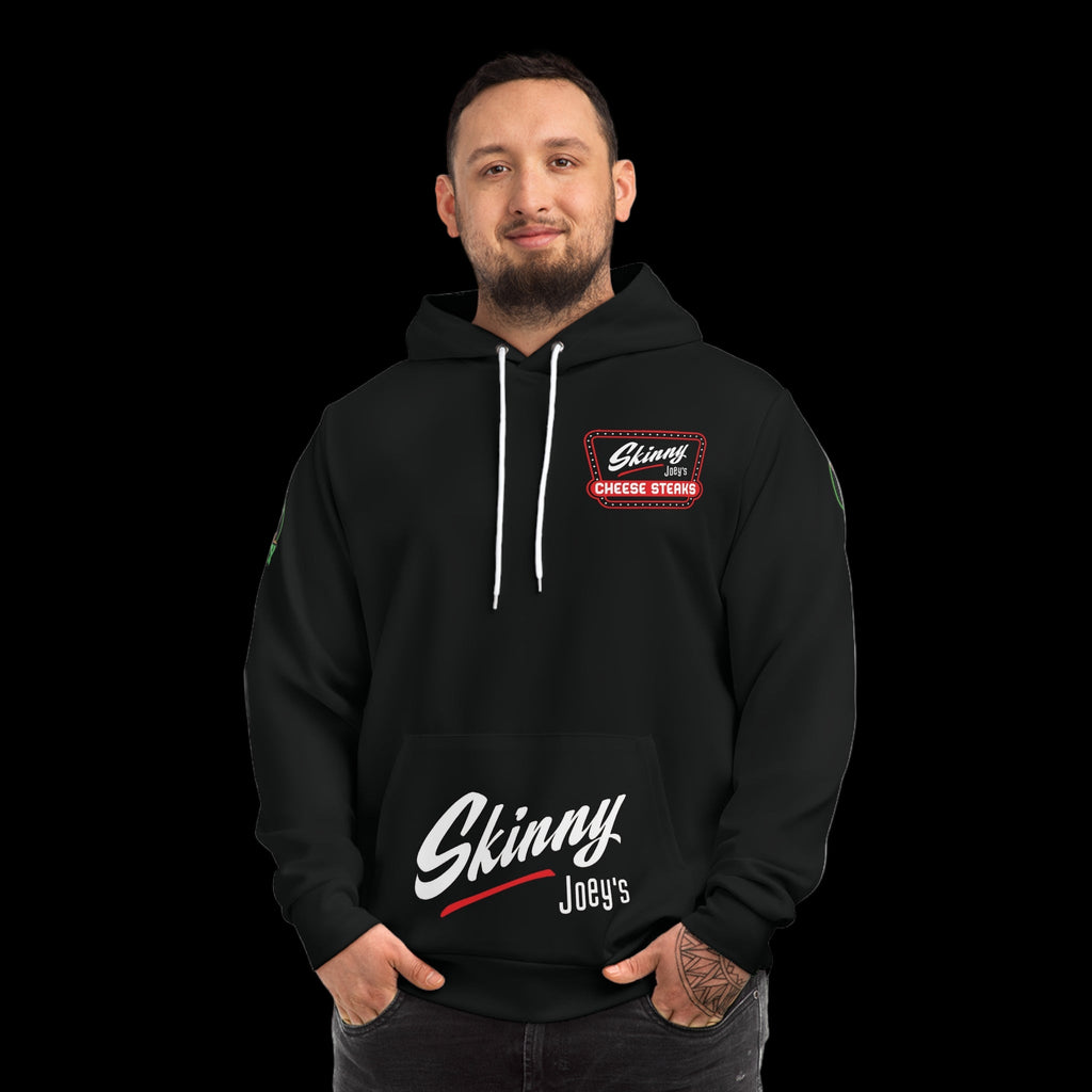 Man wearing a black hoodie with 'Skinny Joey's' logo on a white background