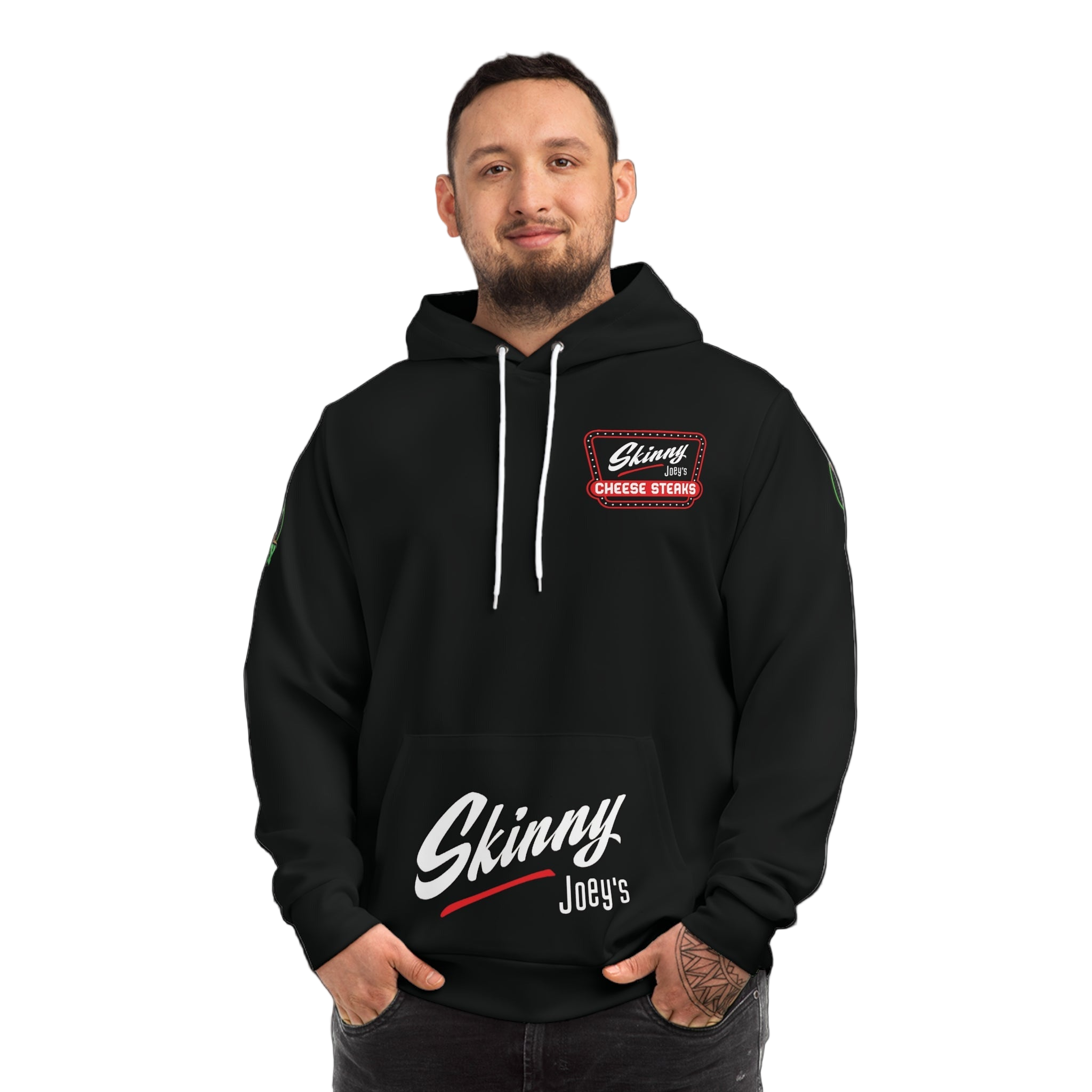 Man wearing a black hoodie with 'Skinny Joey's' logo on a white background