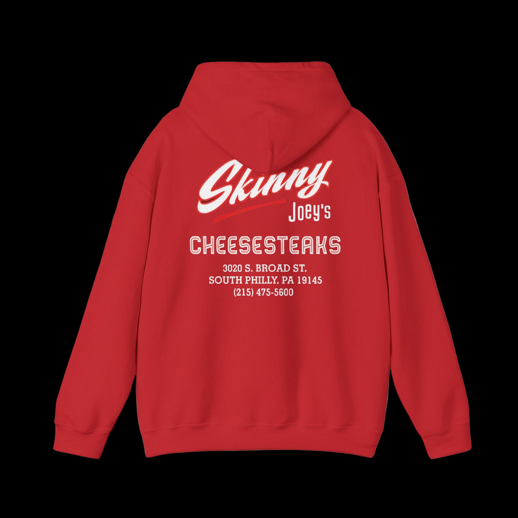 Red hoodie with white text on the back on a white background