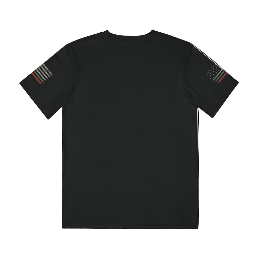 Black t-shirt with small flag designs on sleeves against a white background