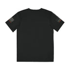 Black t-shirt with small flag designs on sleeves against a white background