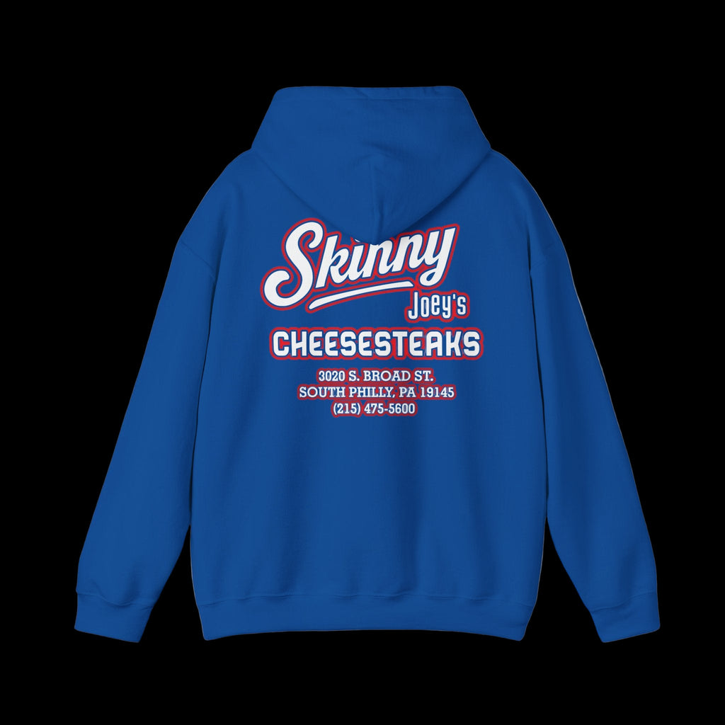 Blue hoodie with 'Skinny Joey's Cheesesteaks' text on the back against a white background