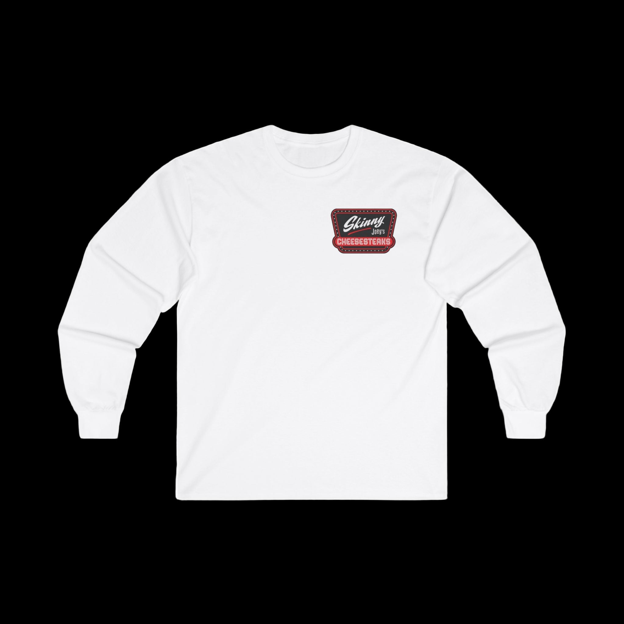 White unisex long-sleeve tee with Skinny Joey’s Cheesesteaks chest patch.