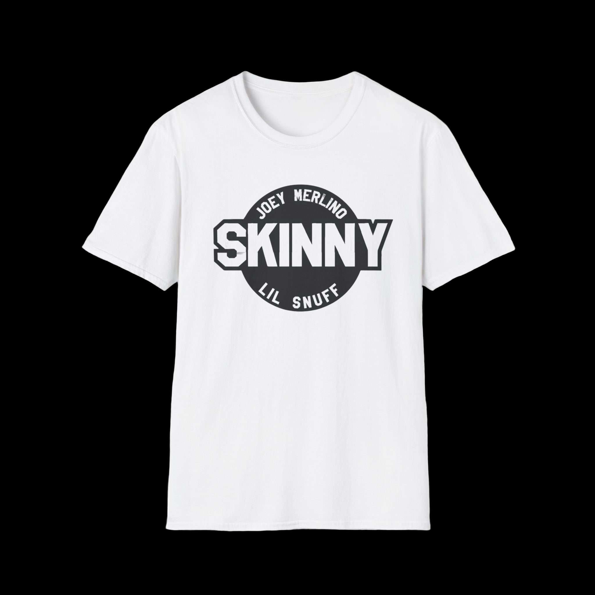 White t-shirt with black graphic design on a white background