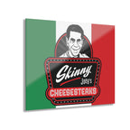 Italian flag with a logo for 'Skinny Joey's Cheesesteaks' on a white background