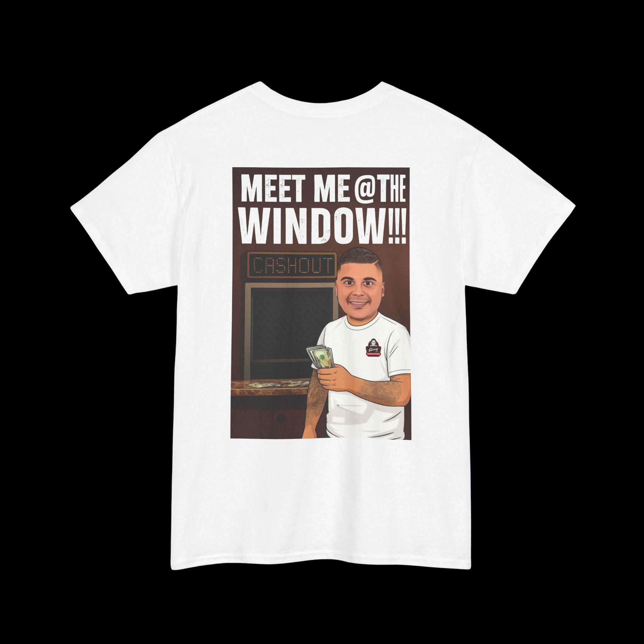 White t-shirt with graphic design and text 'Meet Me @ The Window!!!' on a white background
