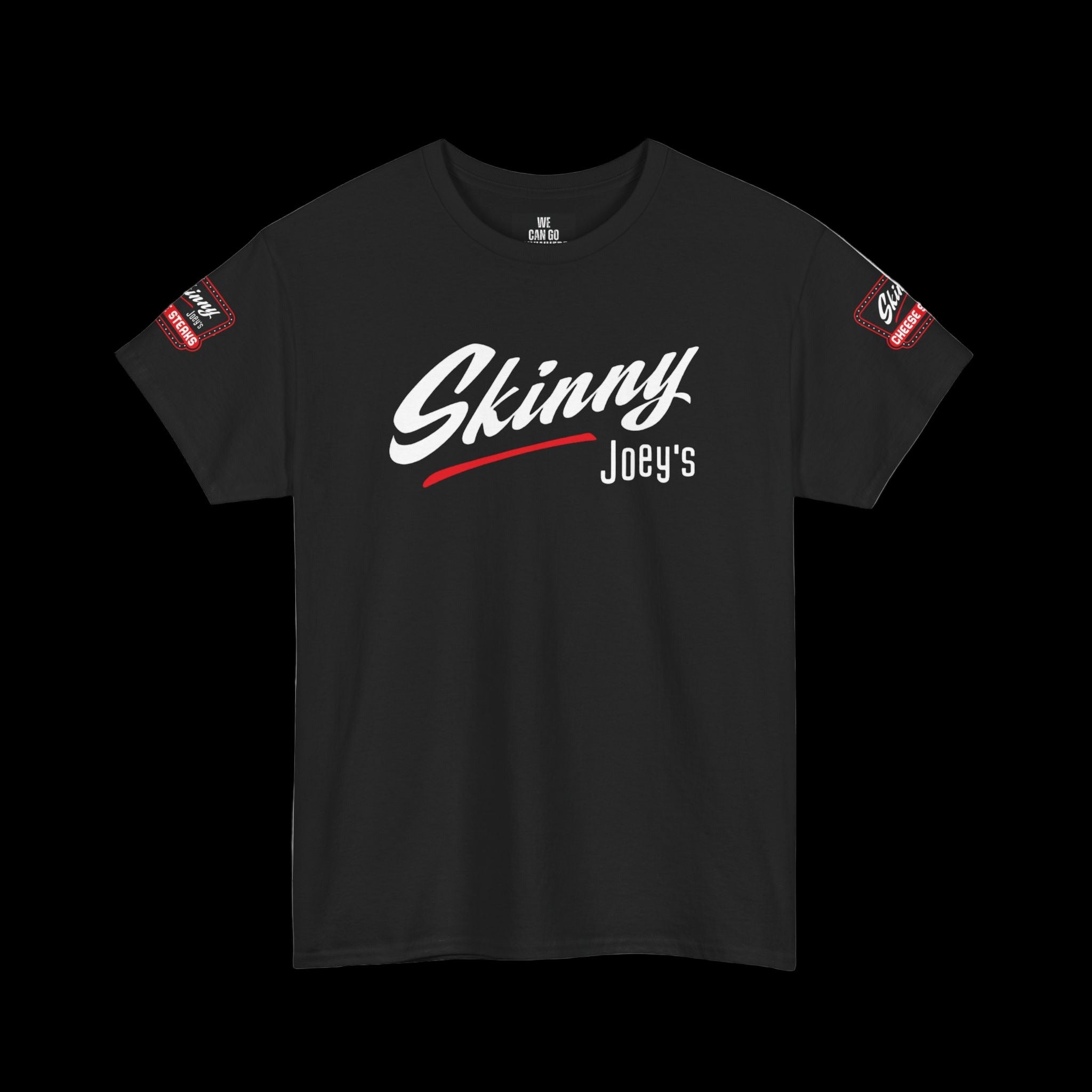 Black t-shirt with 'Skinny Joey's' text on a white background