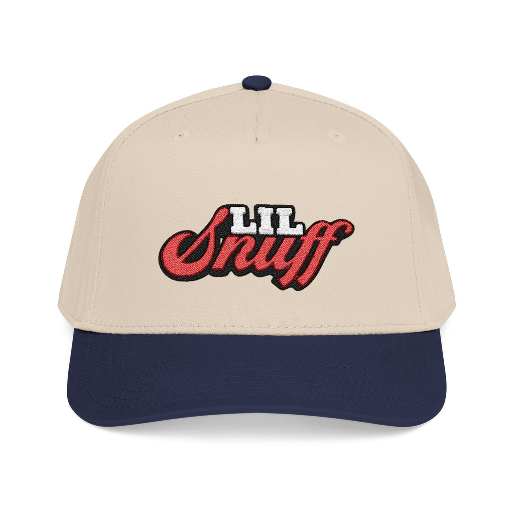 Beige and navy cap with 'LIL Snuff' text on a white background