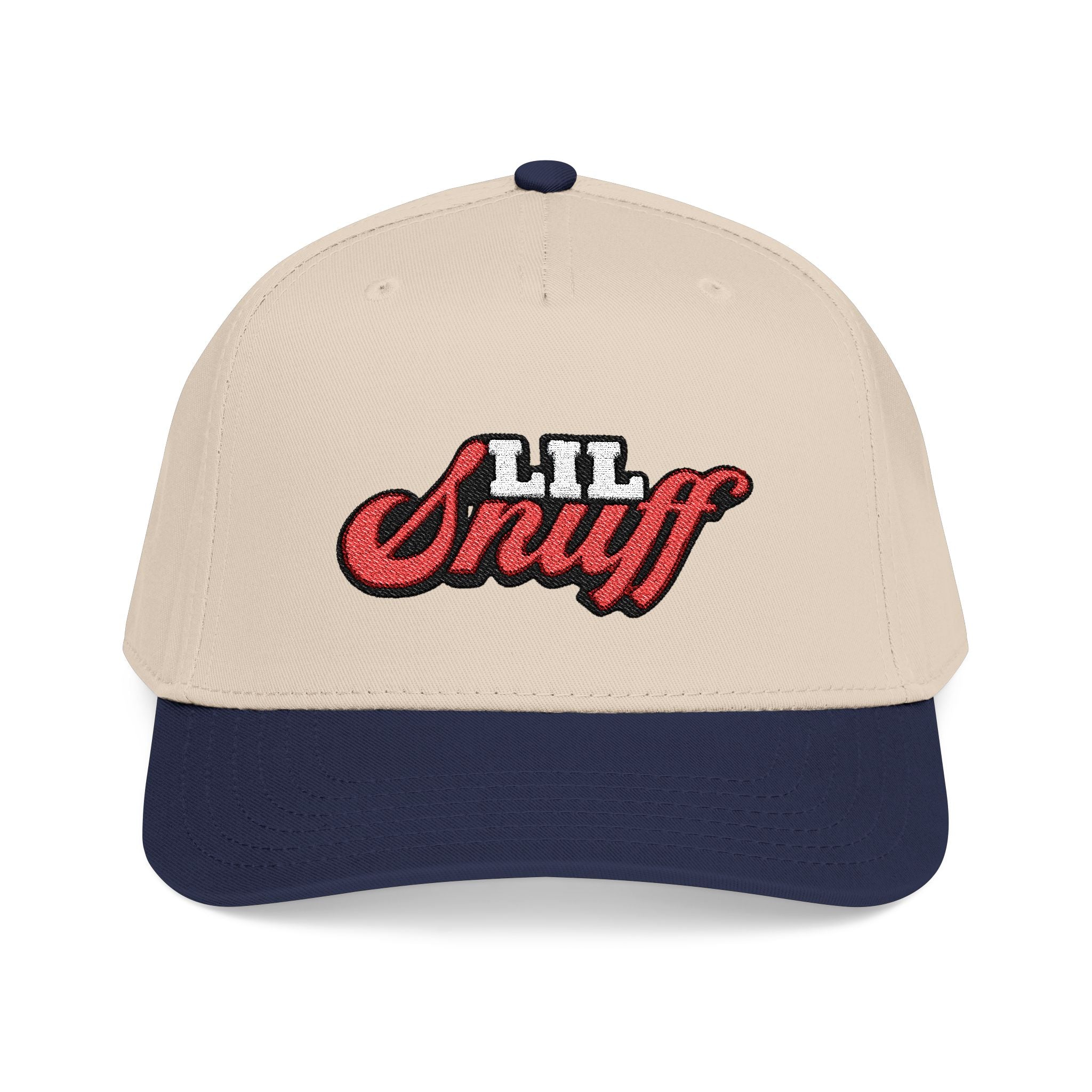 Beige and navy cap with 'LIL Snuff' text on a white background
