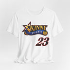 A white short-sleeve crewneck t-shirt featuring a 'Skinny Joey's' graphic with the number 23 on the front, displayed against a light gray background.