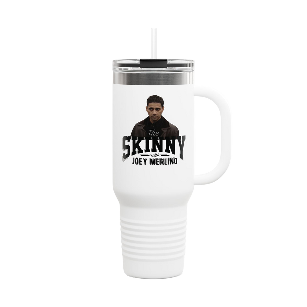 White travel mug with a handle featuring a graphic and text on a white background