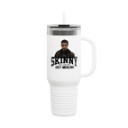 White travel mug with a handle featuring a graphic and text on a white background