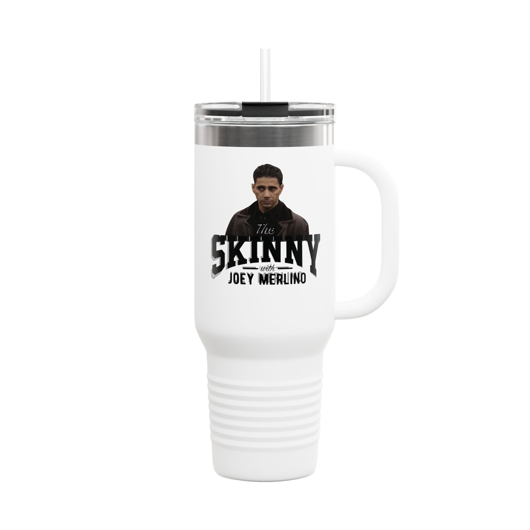 White travel mug with a handle featuring a graphic and text on a white background