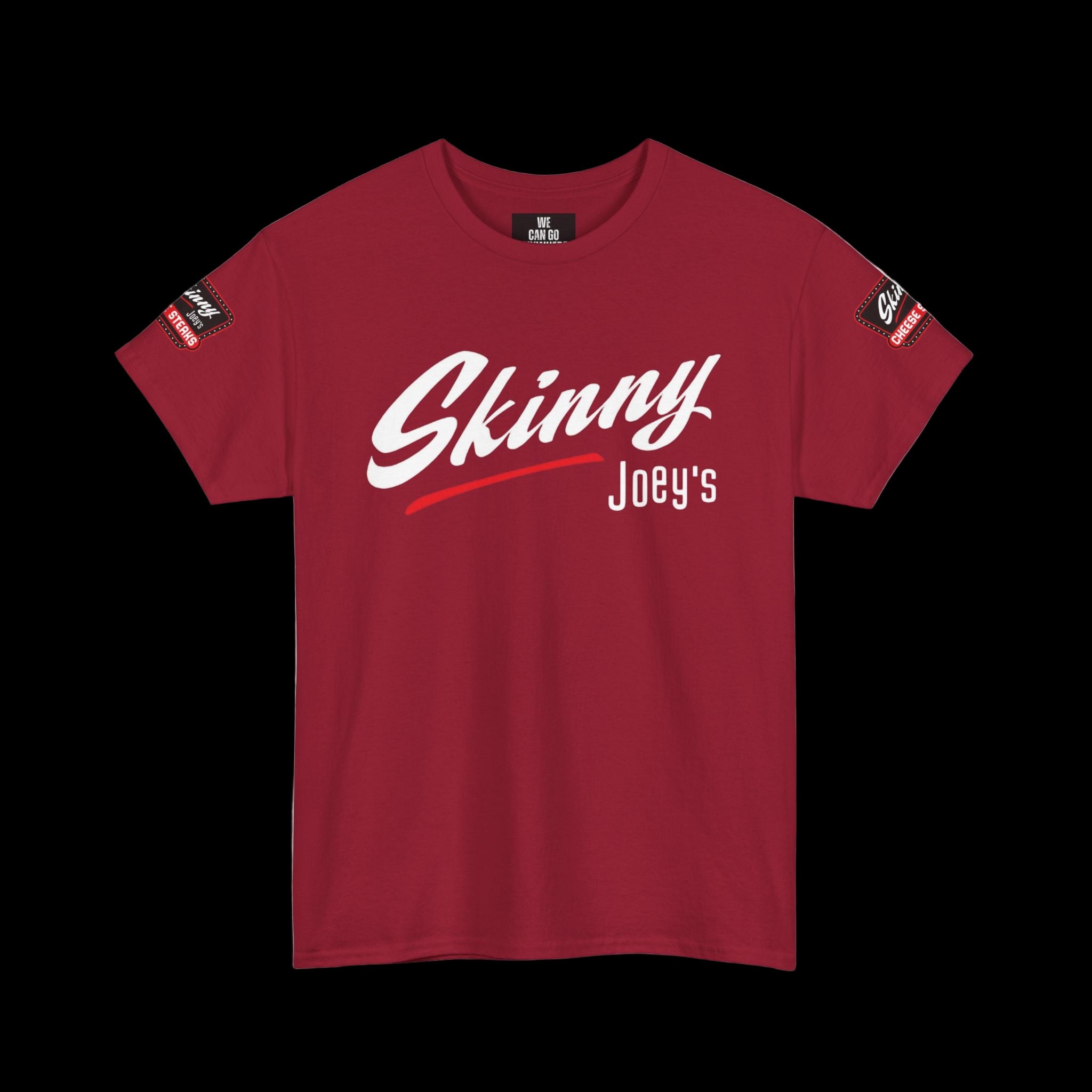 Red t-shirt with 'Skinny Joey's' text on a white background
