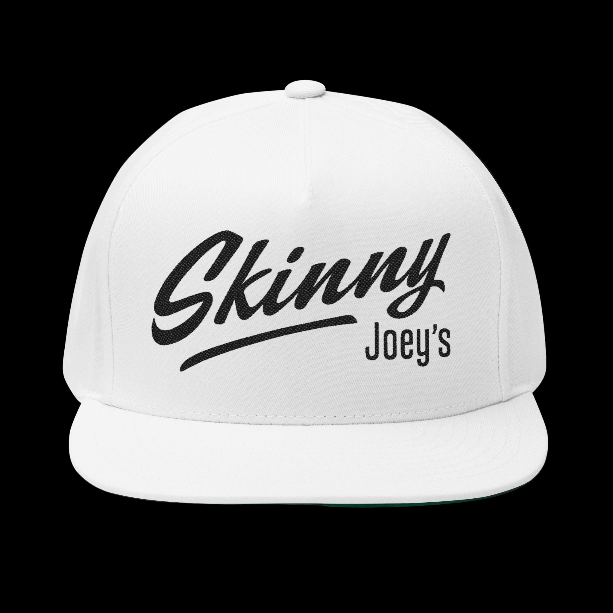 White cap with 'Skinny Joey's' text on a black background