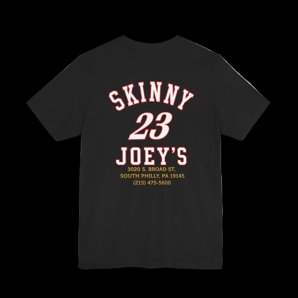 Black t-shirt with a pink and gray graphic design on the back against a white background