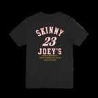 Black t-shirt with a pink and gray graphic design on the back against a white background