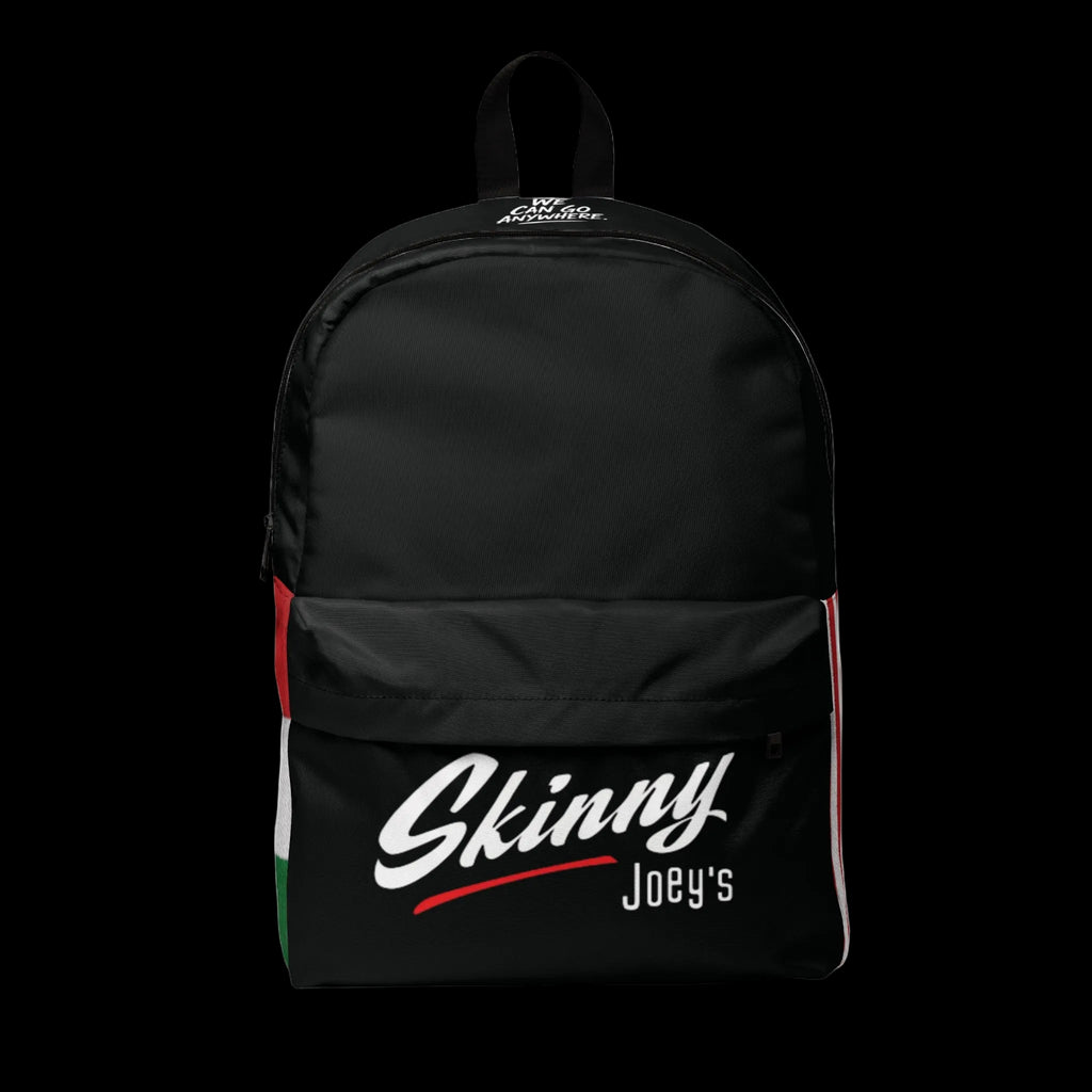 A black backpack with a front pocket featuring the text 'Skinny Joey's' in white script and a red underline, with vertical red, white, and green side stripes. The brand 'The Art of Being' is printed in white near the top handle.