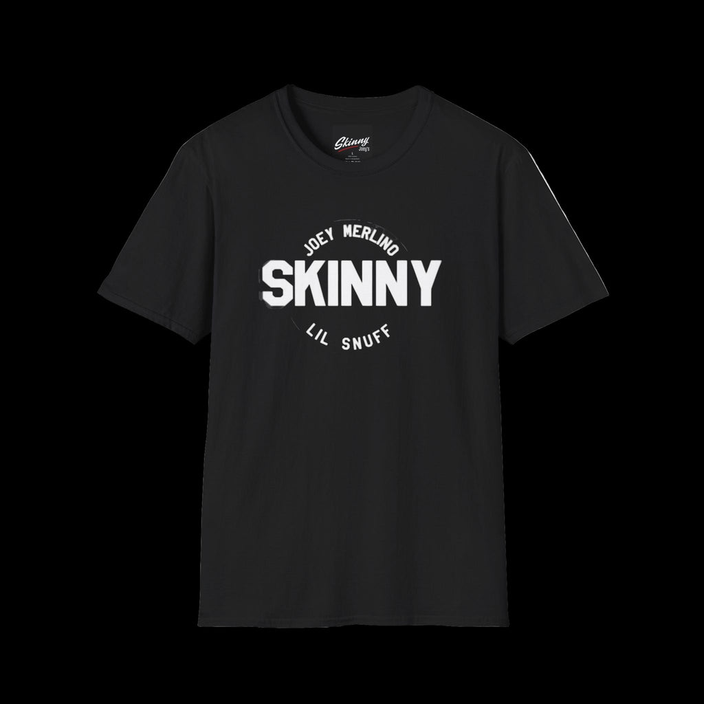Black t-shirt with white text on a white background