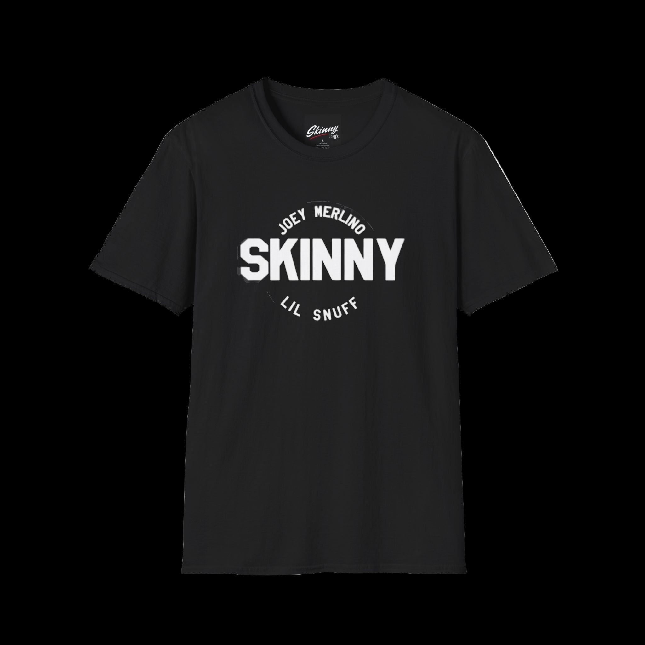 Black t-shirt with white text on a white background