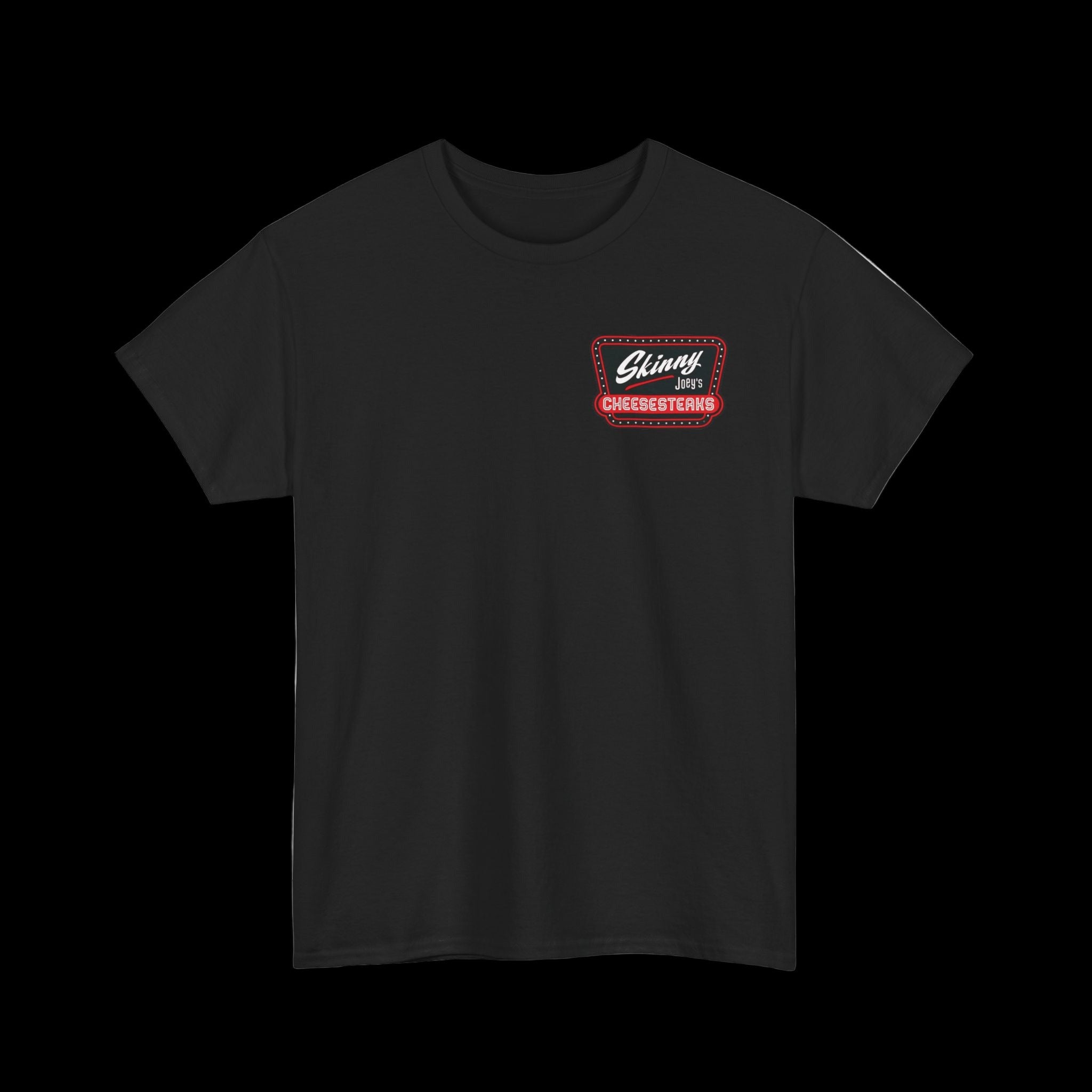 Black t-shirt with a red and white logo on a white background