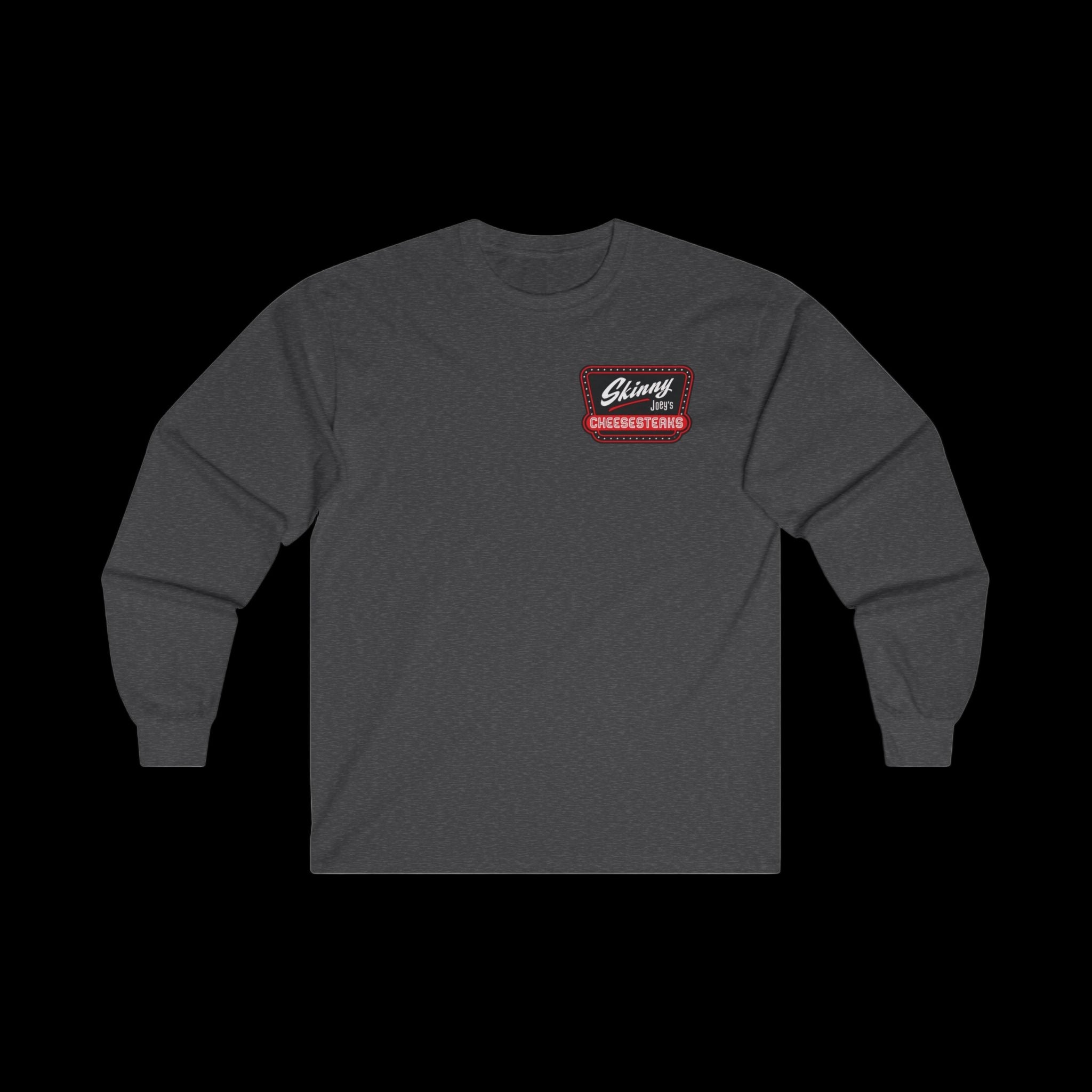 Charcoal unisex long-sleeve tee with front chest Skinny Joey’s Cheesesteaks × We Can Go Anywhere logo patch.