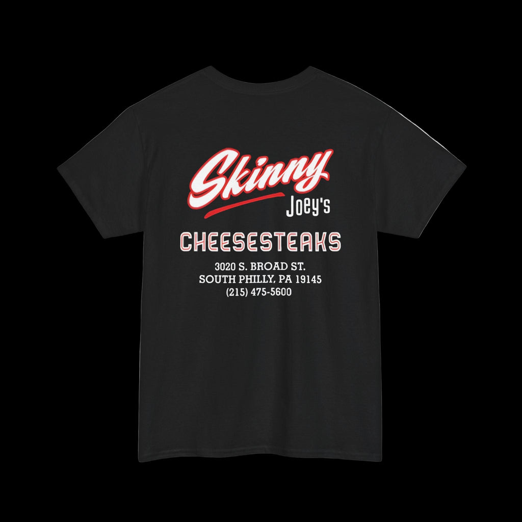 Black t-shirt with 'Skinny Joey's Cheesesteaks' text on a white background