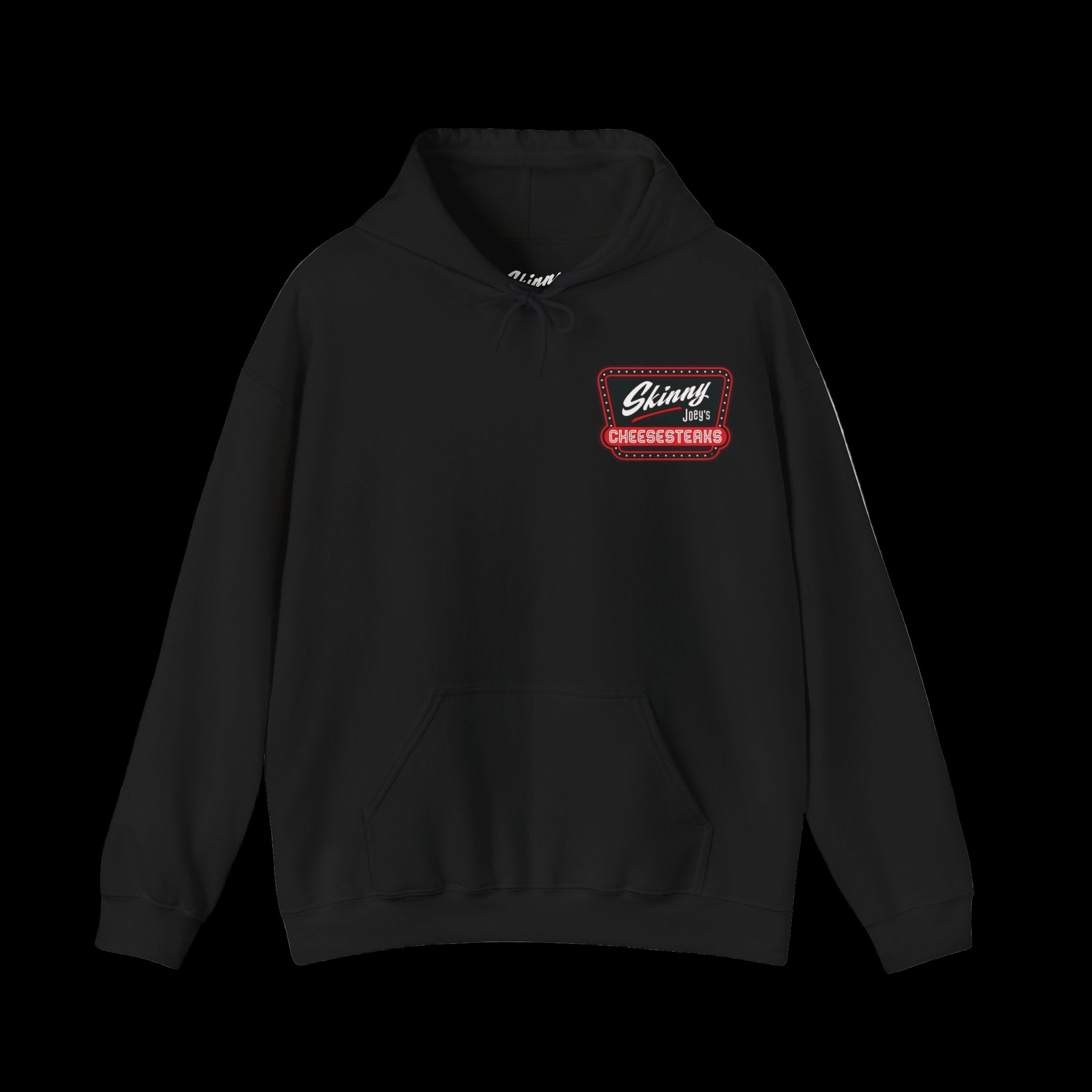 Black hoodie with a red and white logo on a white background