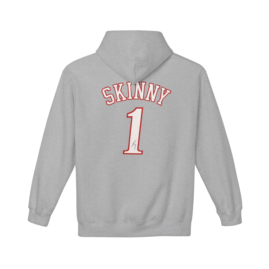 Gray hoodie with 'SKINNY 1' text on the back against a white background