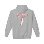 Gray hoodie with 'SKINNY 1' text on the back against a white background