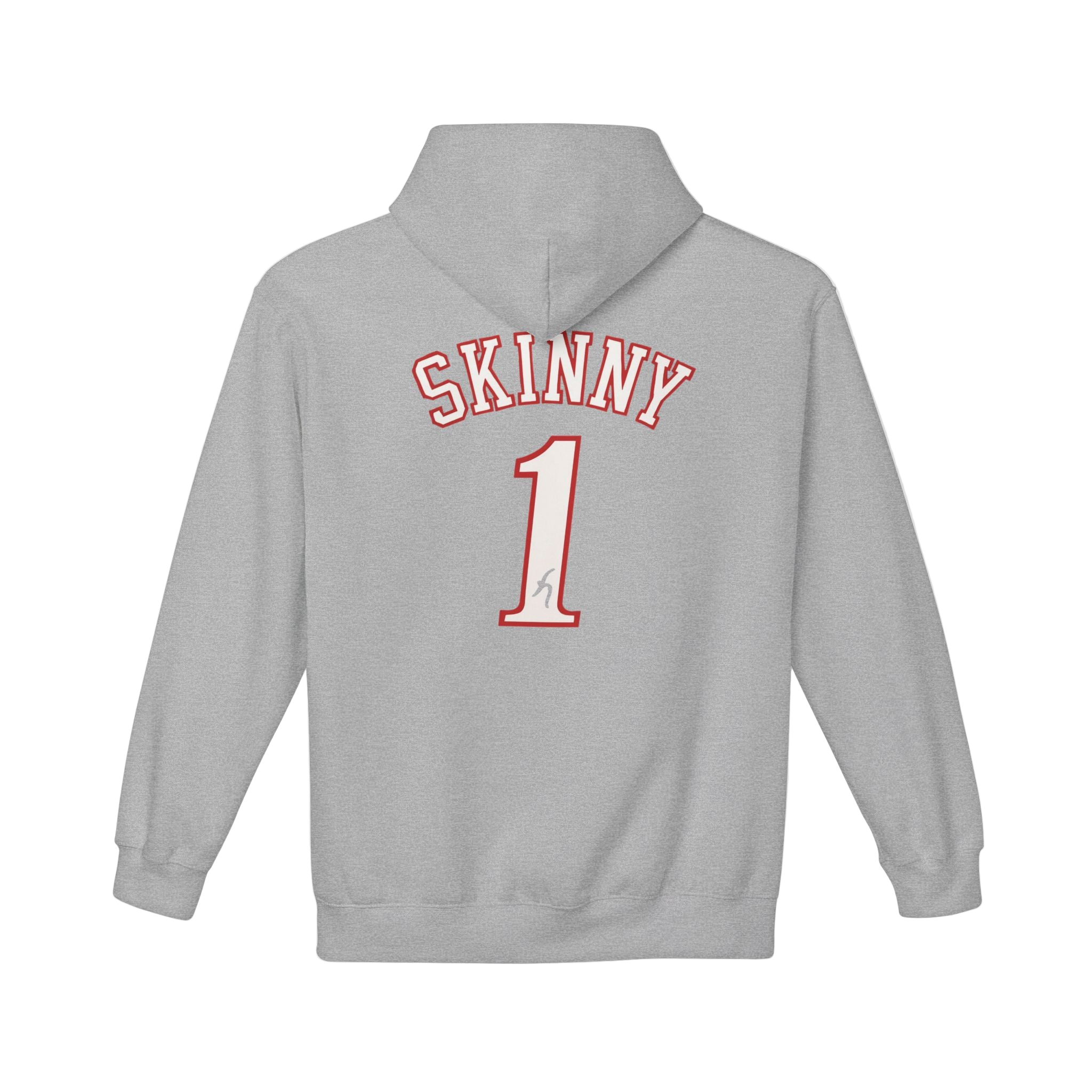 Gray hoodie with 'SKINNY 1' text on the back against a white background