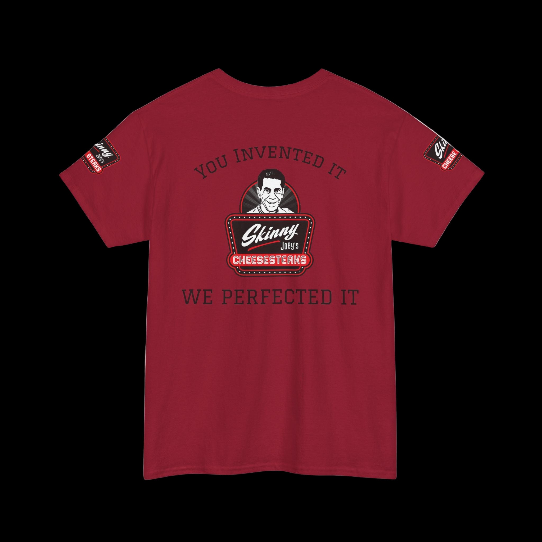 Red t-shirt with graphic design and text on a white background