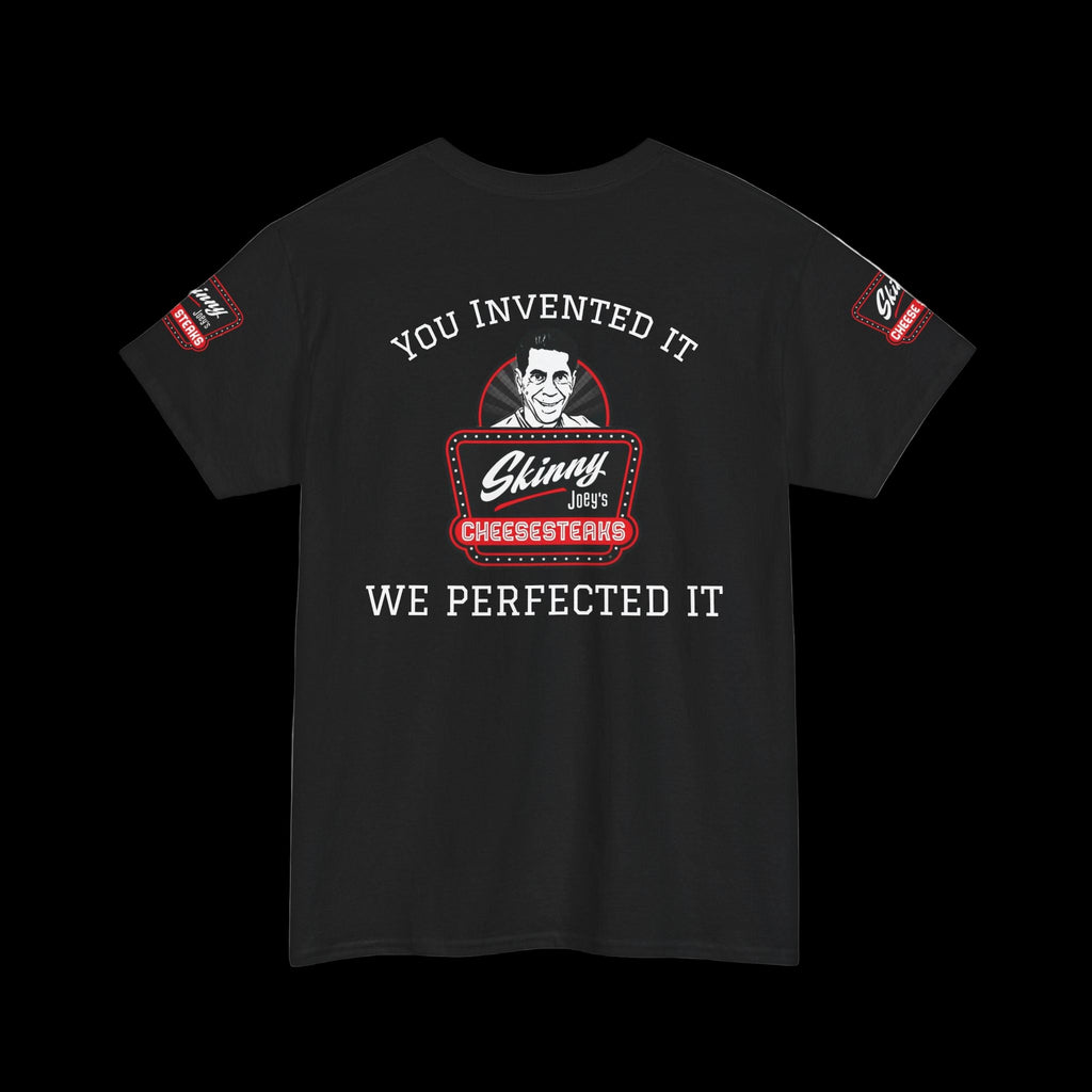 Black t-shirt with graphic design and text on a white background