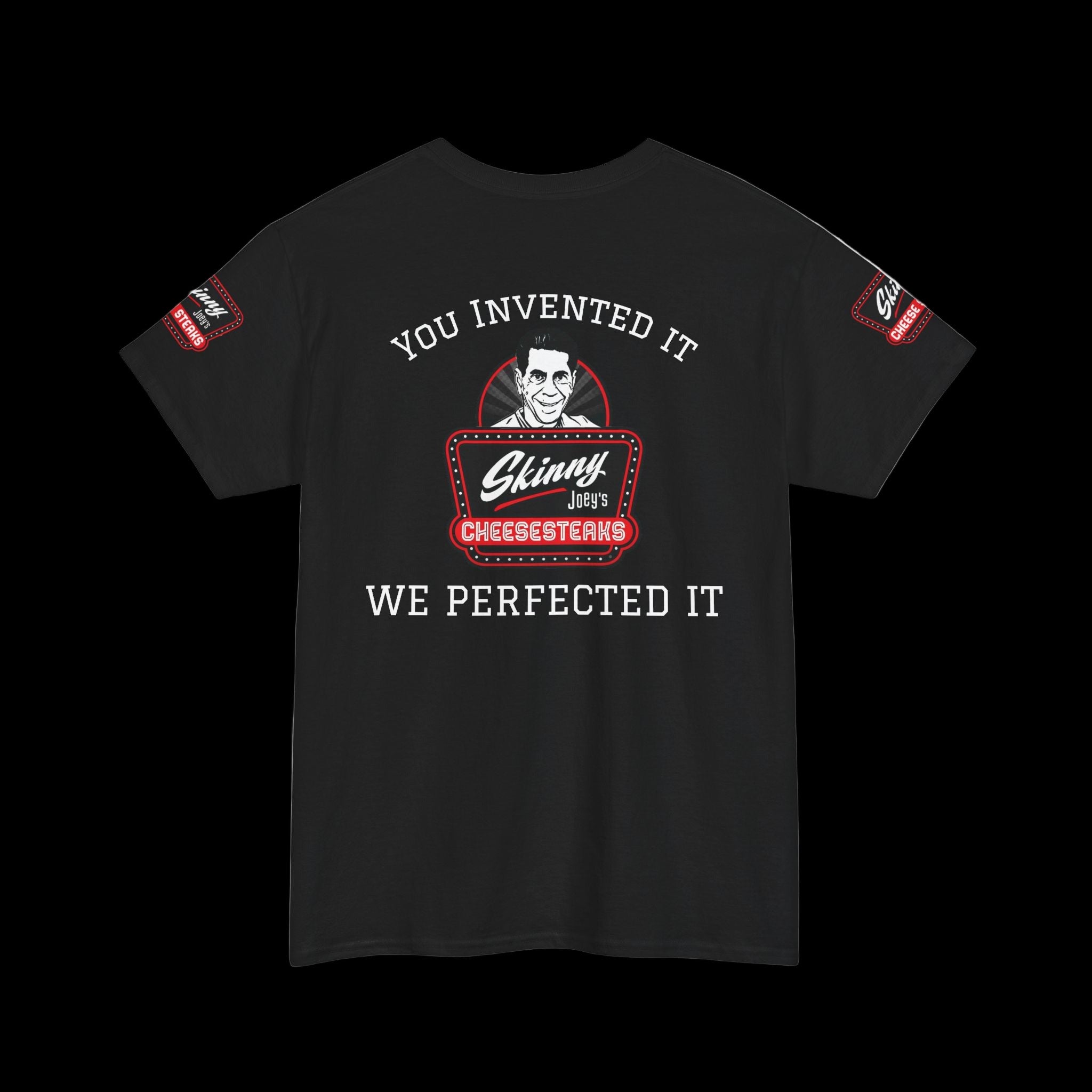 Black t-shirt with graphic design and text on a white background