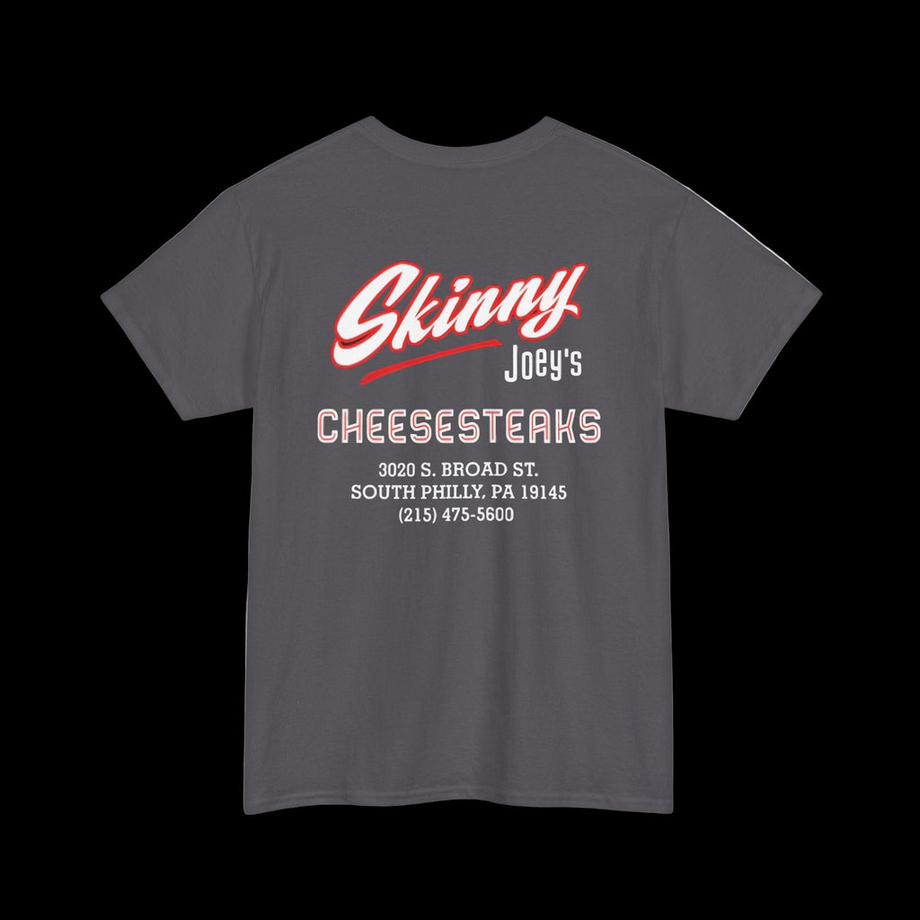 Gray t-shirt with red and white text on a white background